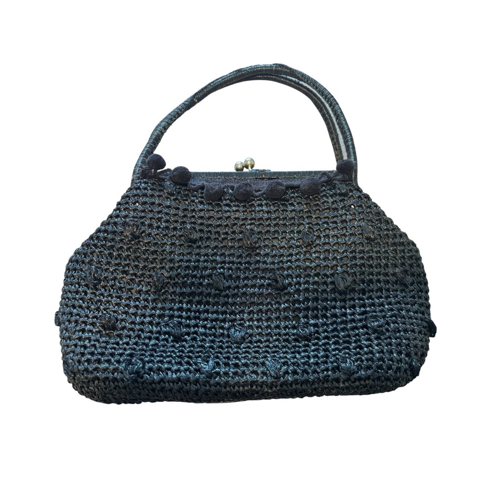 VTG 50's Woven Straw Black Handbag.‎ Made in Japan. Expressly for Gimbels. Poms